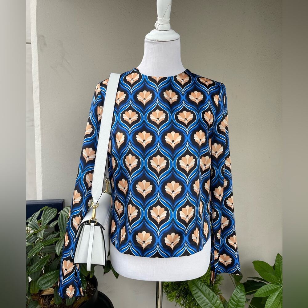🌿 Mango 70's Retro Crewneck Blouse in Blue, L